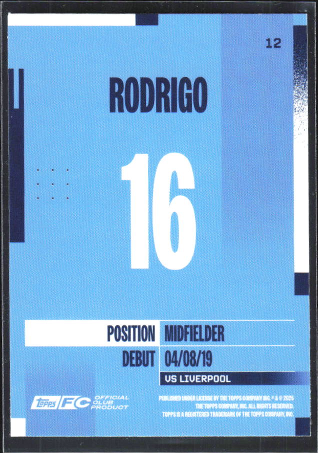 2024-25 Topps Manchester City Team Set #12 Rodrigo – baksida