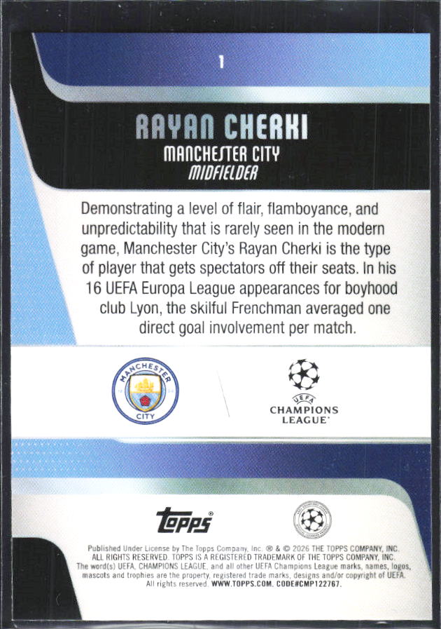 2025-26 Topps UEFA Club Competitions #1 Rayan Cherki – baksida