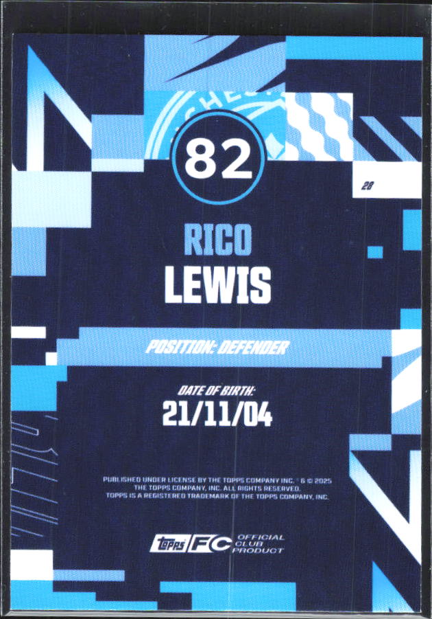 2024-25 Topps Manchester City Team Set #28 Rico Lewis – baksida