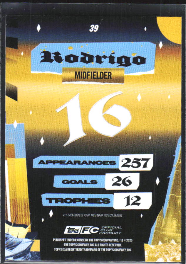 2024-25 Topps Manchester City Team Set #39 Rodrigo City of Champions – baksida
