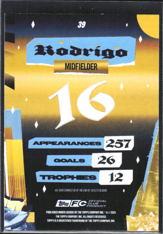 2024-25 Topps Manchester City Team Set #39 Rodrigo City of Champions – baksida