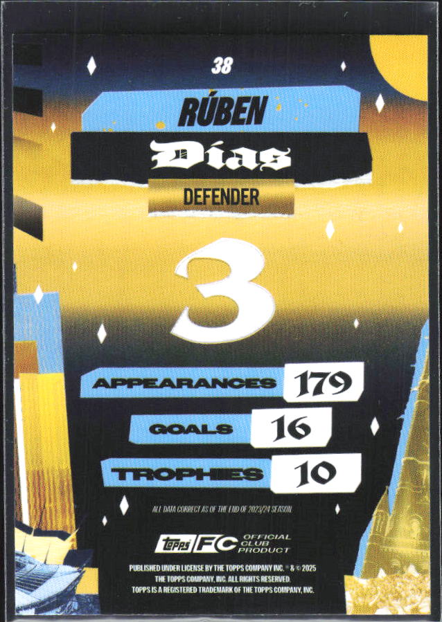 2024-25 Topps Manchester City Team Set #38 Rúben Dias City of Champions – baksida