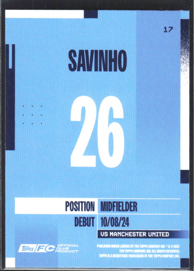 2024-25 Topps Manchester City Team Set #17 Savinho – baksida