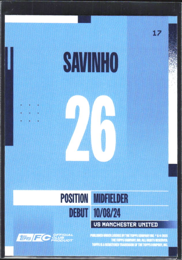 2024-25 Topps Manchester City Team Set #17 Savinho – baksida