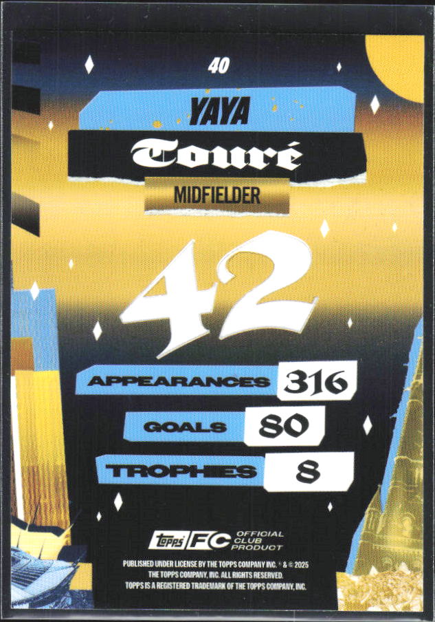 2024-25 Topps Manchester City Team Set #40 Yaya Touré City of Champions – baksida