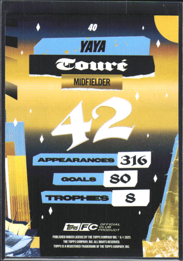 2024-25 Topps Manchester City Team Set #40 Yaya Touré City of Champions – baksida