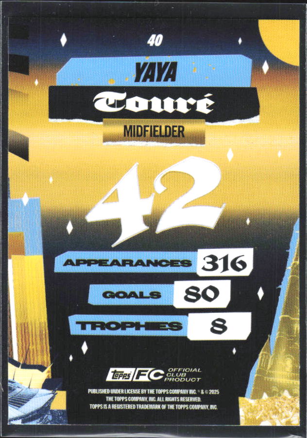 2024-25 Topps Manchester City Team Set #40 Yaya Touré City of Champions – baksida