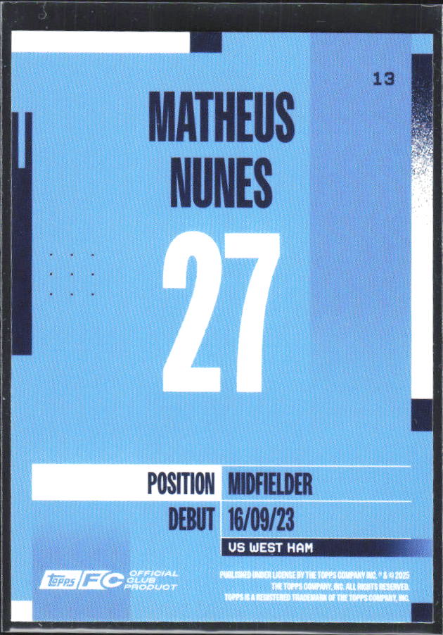 2024-25 Topps Manchester City Team Set #13 Matheus Nunes – baksida