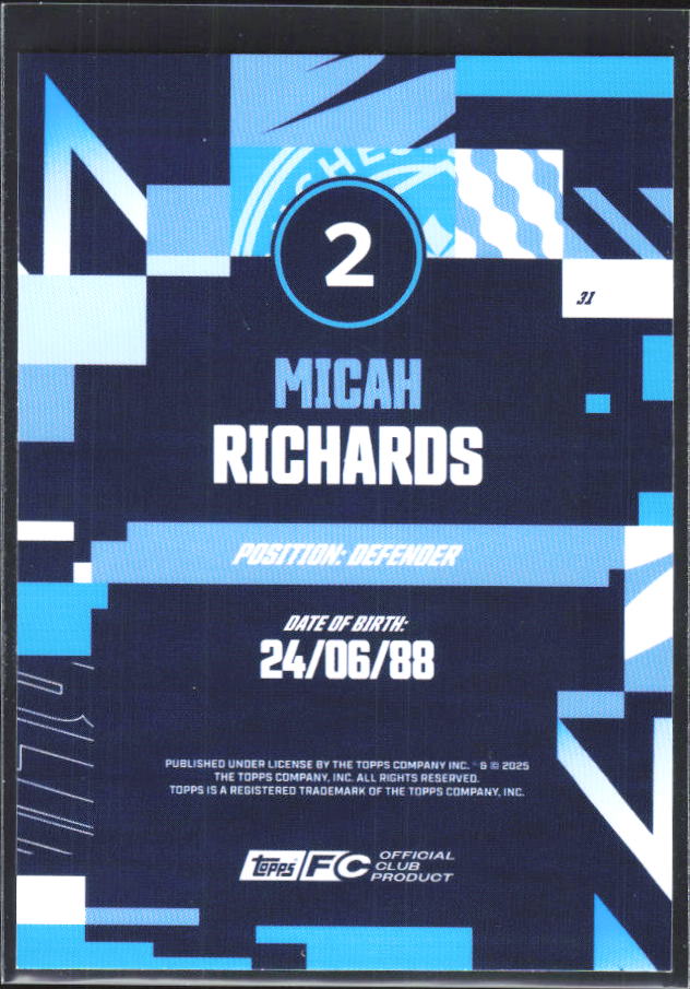 2024-25 Topps Manchester City Team Set #31 Micah Richards – baksida