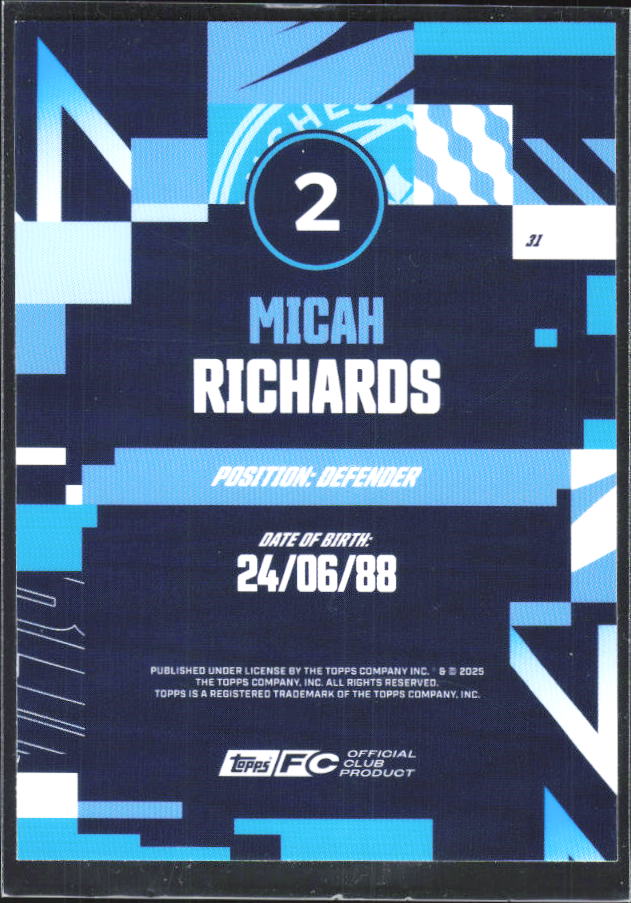 2024-25 Topps Manchester City Team Set #31 Micah Richards – baksida