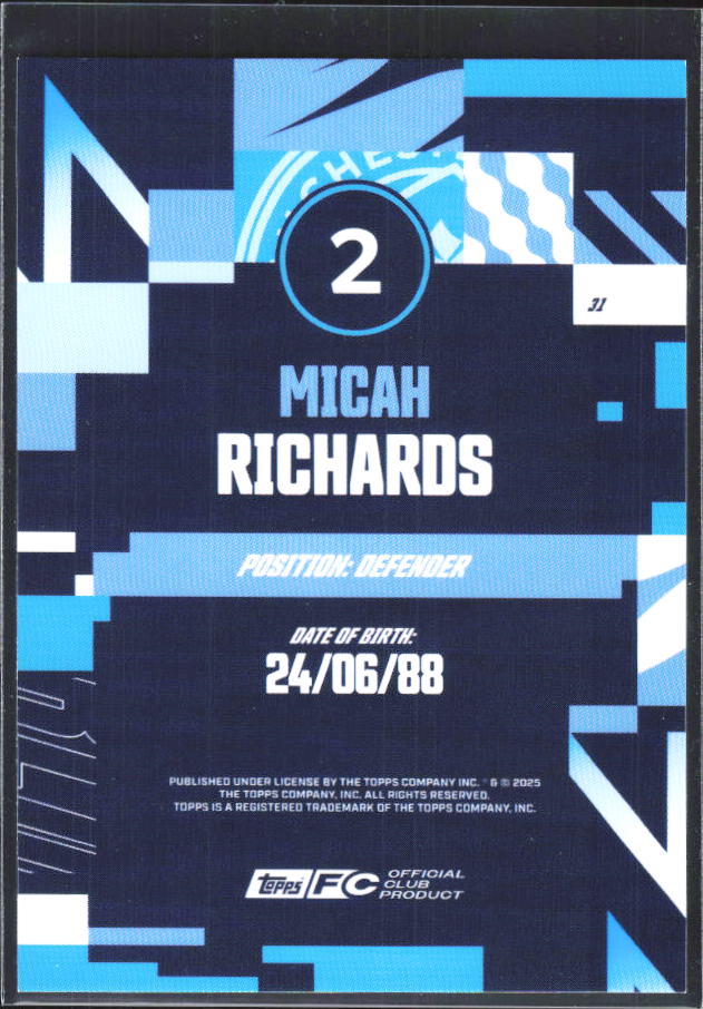 2024-25 Topps Manchester City Team Set #31 Micah Richards – baksida