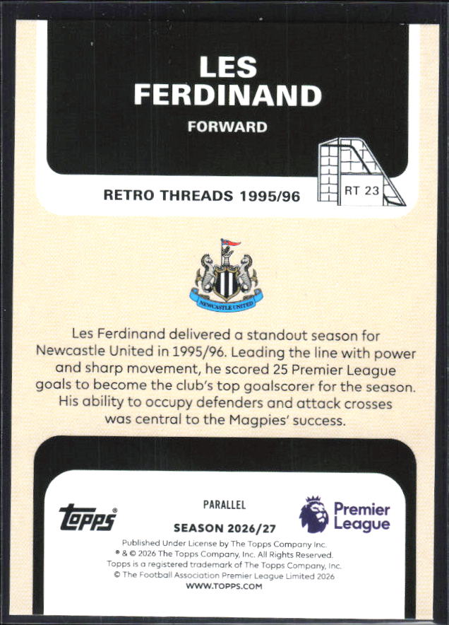 2026-27 Topps Premier League Les Ferdinand #RT23 Retro Threads – baksida