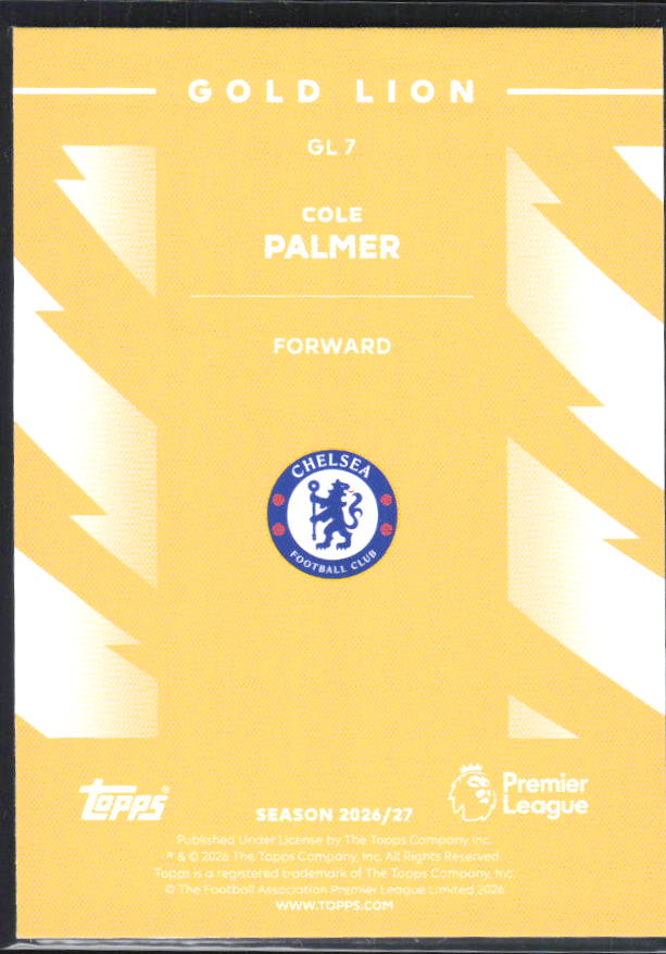 2026-27 Topps Premier League Cole Palmer #GL7 Gold Lion – baksida