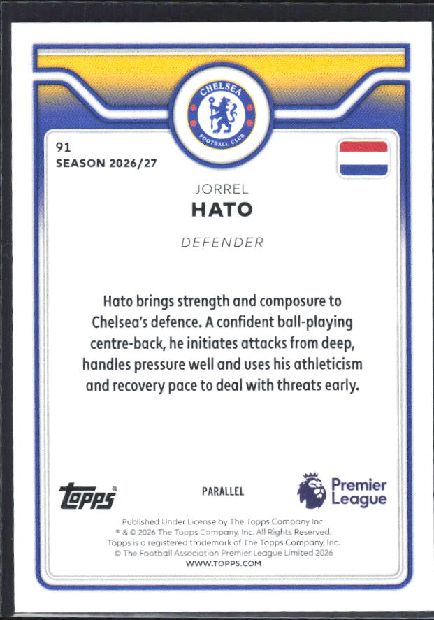 2026-27 Topps Premier League Jorrel Hato #91 Netbuster /38 – baksida