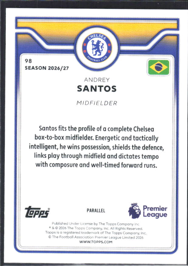 2026-27 Topps Premier League Andrey Santos #98 Black & White /75 – baksida