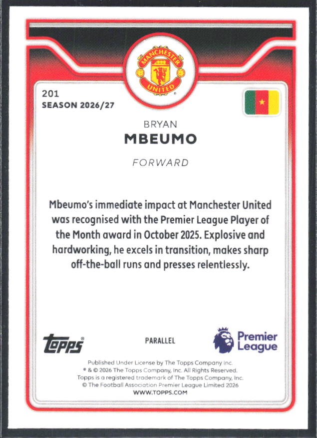 2026-27 Topps Premier League Bryan Mbeumo #201 Black & White /75 – baksida