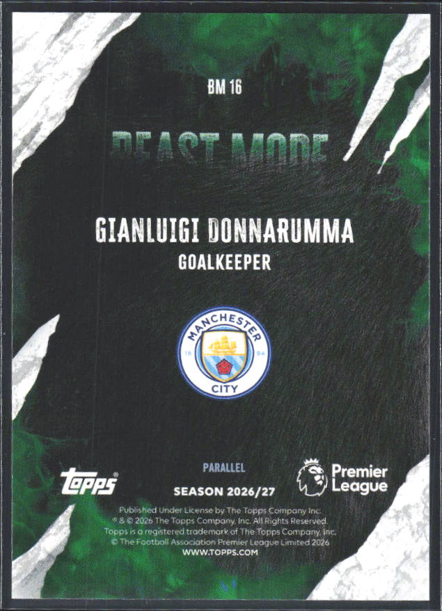 2026-27 Topps Premier League Gianluigi Donnarumma #BM16 Beast Mode Blue /150 – baksida