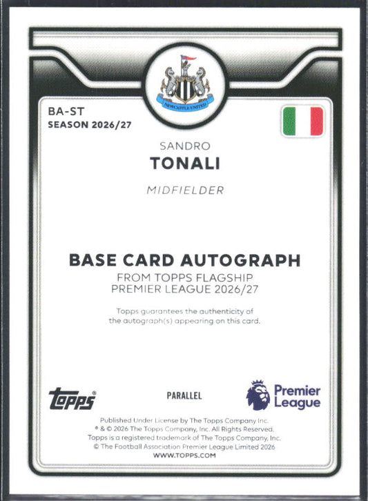 2026-27 Topps Premier League Sandro Tonali #BA-ST Autograph Blue /150 – baksida