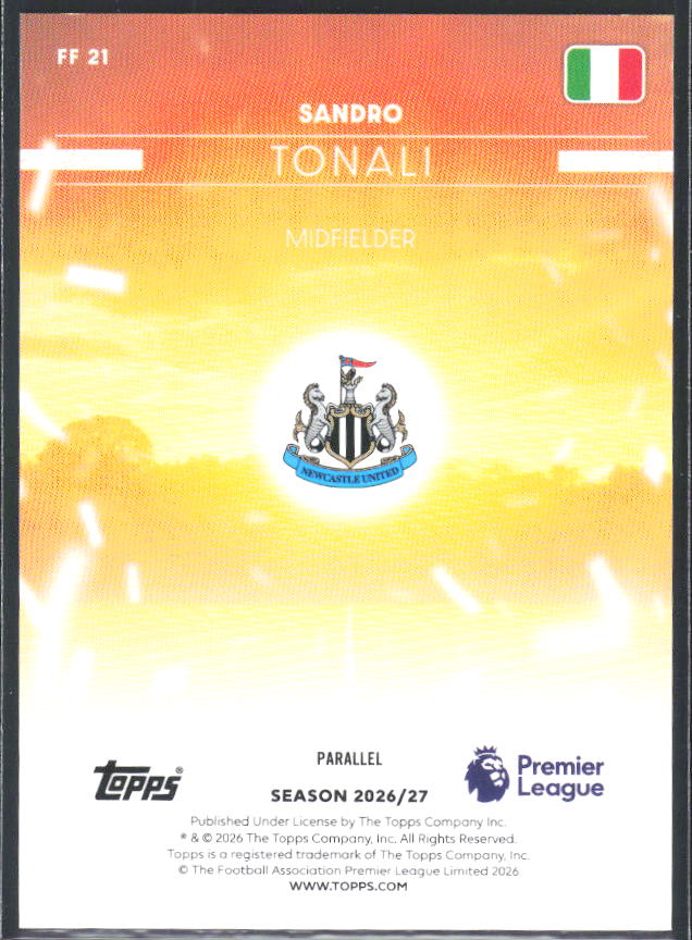 2026-27 Topps Premier League Sandro Tonali #FF21 Flying the Flag – baksida
