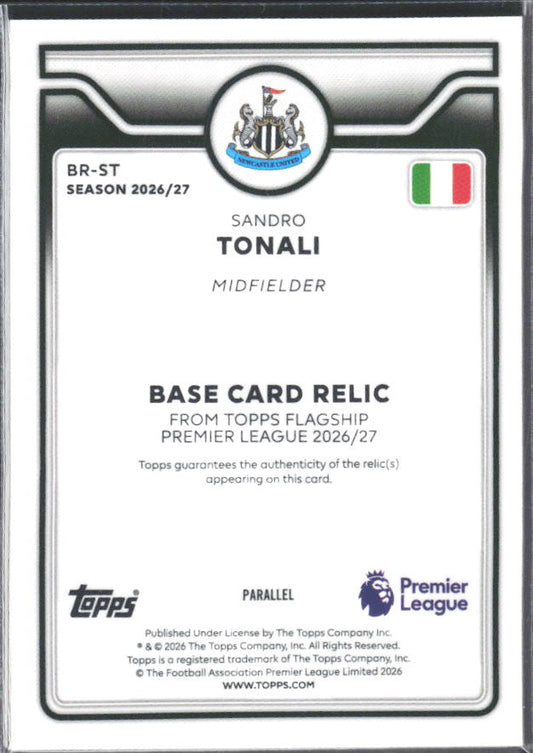 2026-27 Topps Premier League Sandro Tonali #BR-ST Relic Yellow /299 – baksida
