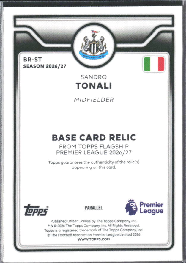 2026-27 Topps Premier League Sandro Tonali #BR-ST Relic Yellow /299 – baksida