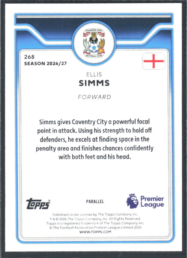 2026-27 Topps Premier League Ellis Simms #268 Blue /150 – baksida