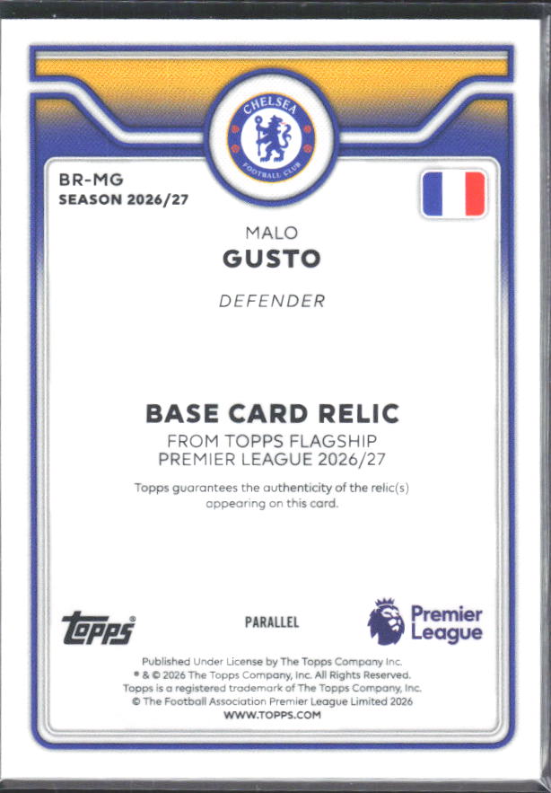 2026-27 Topps Premier League Malo Gusto #BR-MG Relic Blue /150 – baksida