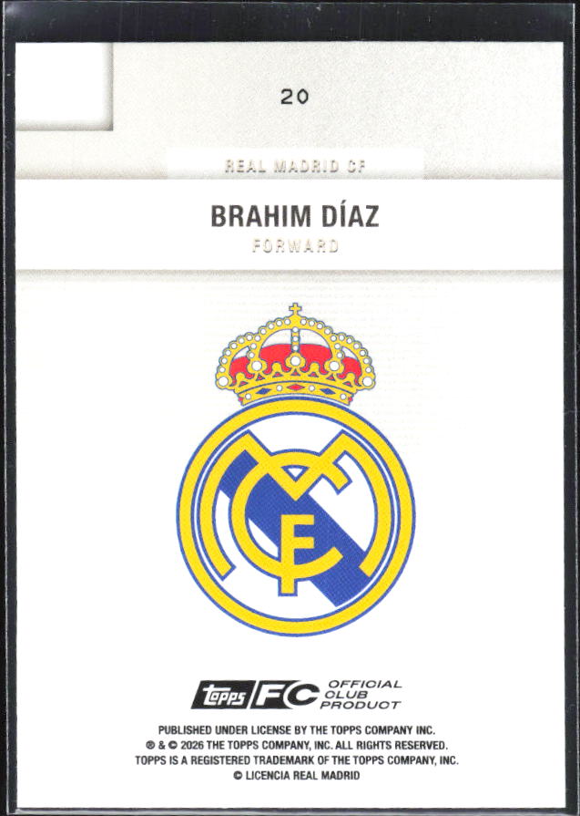 2025-26 Topps Real Madrid Team Set #20 Brahim Díaz – baksida