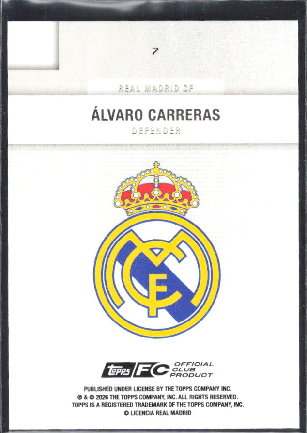 2025-26 Topps Real Madrid Team Set #7 Álvaro Carreras – baksida