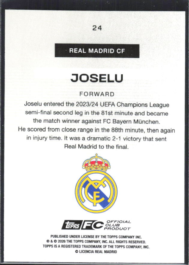 2025-26 Topps Real Madrid Team Set #24 Joselu – baksida