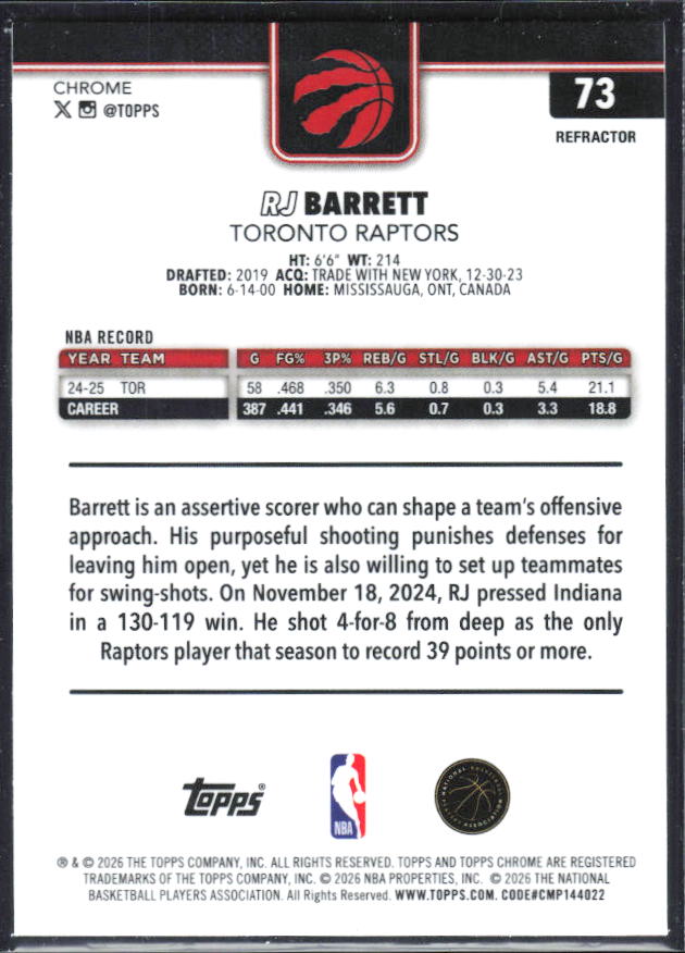 2025-26 Topps Chrome Update #73 RJ Barrett Refractor – baksida