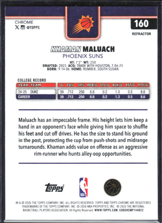 2025-26 Topps Chrome Update #160 Khaman Maluach Refractor – baksida