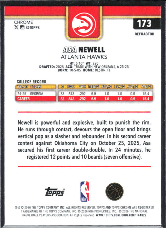 2025-26 Topps Chrome Update #173 Asa Newell Refractor – baksida
