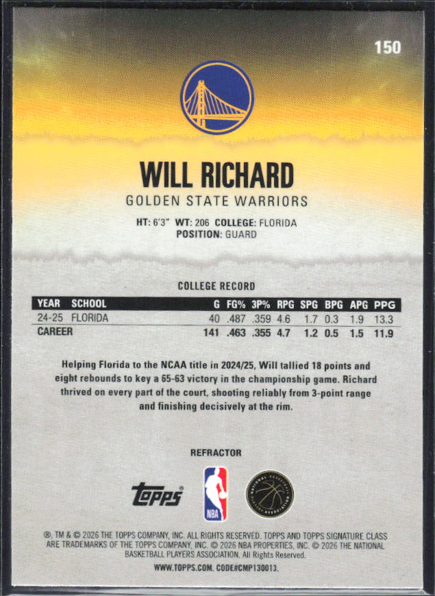 2025-26 Topps Signature Class #150 Will Richard Chrome Refractor – baksida