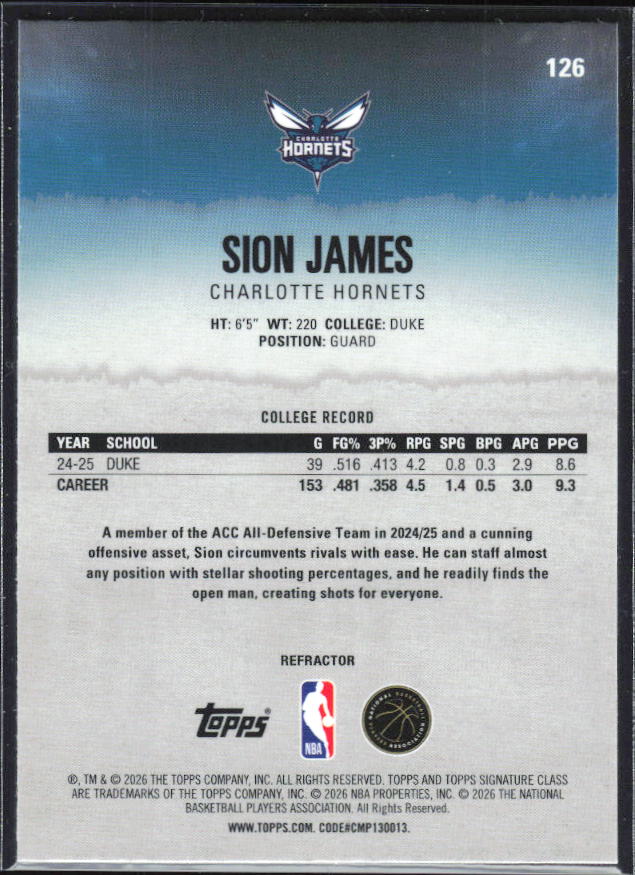 2025-26 Topps Signature Class #126 Sion James Chrome Refractor – baksida
