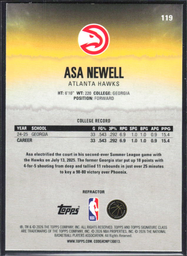 2025-26 Topps Signature Class #119 Asa Newell Chrome Refractor – baksida