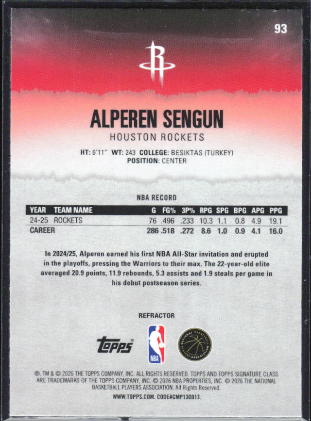 2025-26 Topps Signature Class #93 Alperen Sengun Chrome Refractor – baksida
