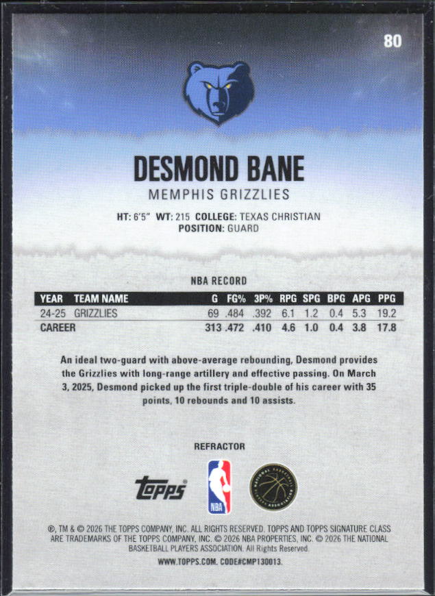 2025-26 Topps Signature Class #80 Desmond Bane Chrome Refractor – baksida