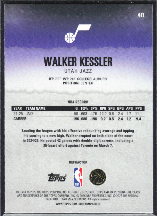 2025-26 Topps Signature Class #40 Walker Kessler Chrome Refractor – baksida