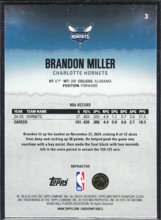 2025-26 Topps Signature Class #3 Brandon Miller Chrome Refractor – baksida