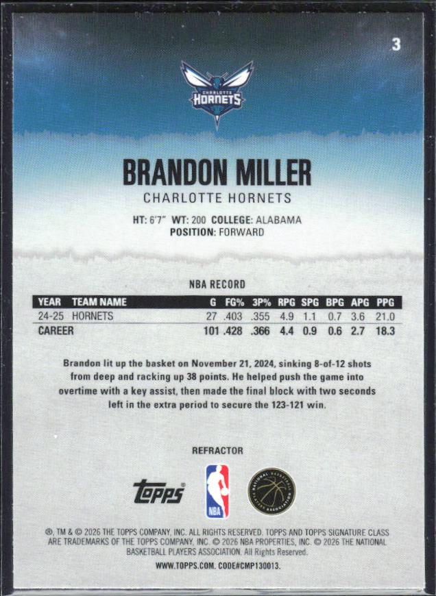 2025-26 Topps Signature Class #3 Brandon Miller Chrome Refractor – baksida