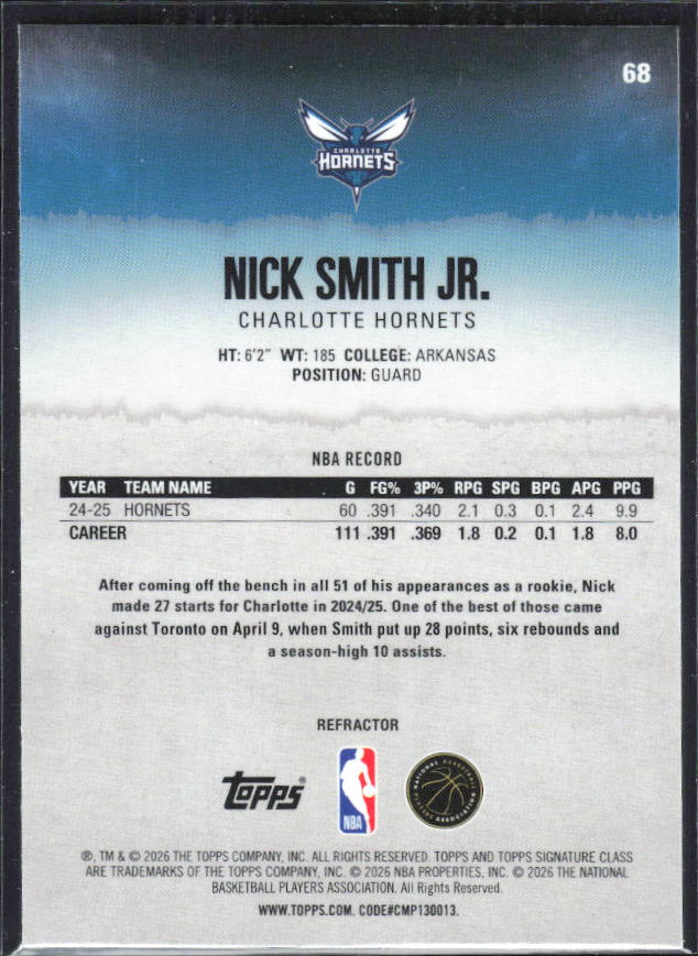 2025-26 Topps Signature Class #68 Nick Smith Jr. Chrome Refractor – baksida