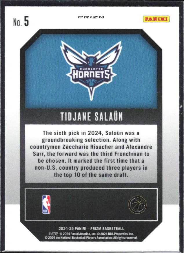 2024-25 Panini Prizm #5 Tidjane Salaun Emergent Silver Prizm – baksida