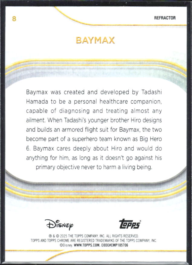 2025 Topps Chrome Disney #8 Baymax Refractor – baksida