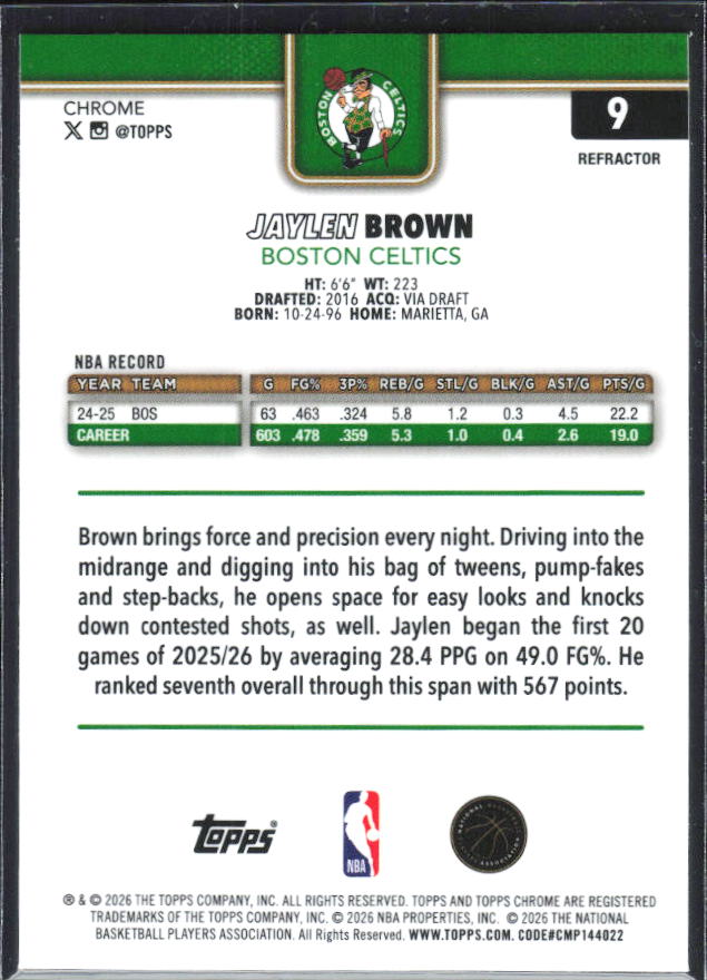 2025-26 Topps Chrome Update #9 Jaylen Brown Refractor – baksida