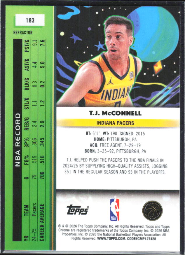 2025-26 Topps Cosmic Chrome #183 T.J. McConnell Refractor – baksida