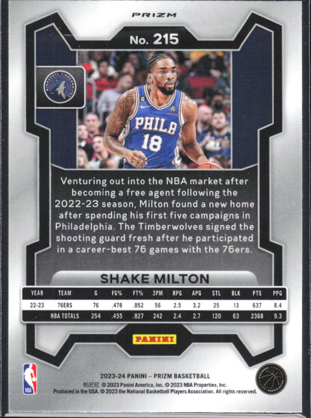 2023-24 Panini Prizm #215 Shake Milton Silver Prizm – baksida