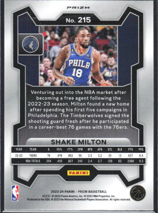 2023-24 Panini Prizm #215 Shake Milton Silver Prizm – baksida