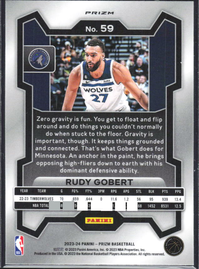 2023-24 Panini Prizm #59 Rudy Gobert Silver Prizm – baksida