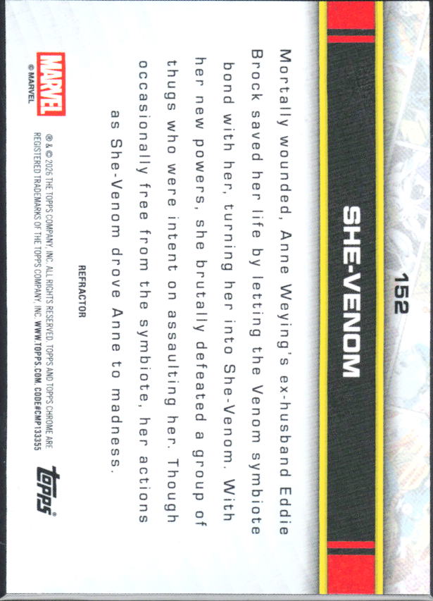 2026 Topps Chrome Marvel Comics #152 She-Venom Refractor – baksida